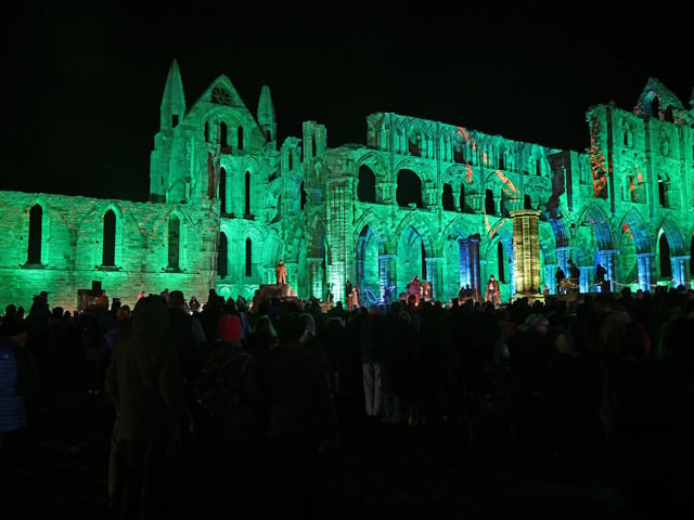 A trail of lights is installed around the historic ruins