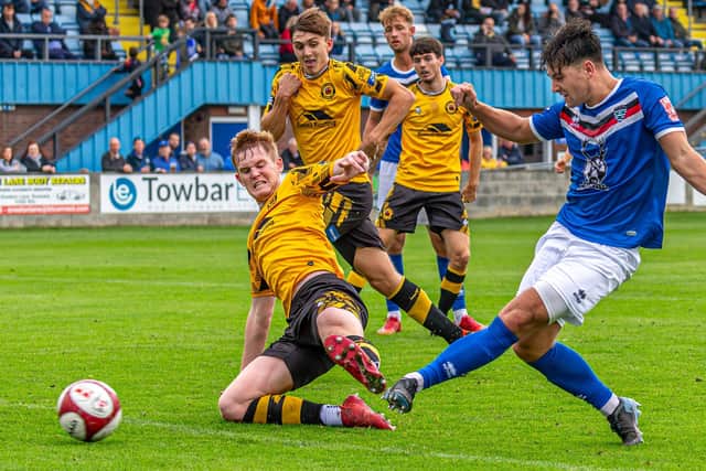Harrison Beeden goes close to scoring for the Blues against Prescot Cables in the FA Cup win.