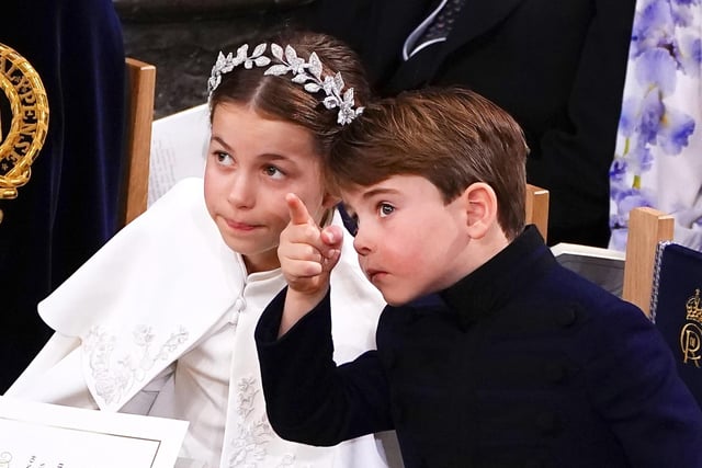 Princess Charlotte and Prince Louis attend the Coronation of King Charles III and Queen Camilla at Westminster Abbey.
