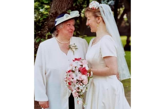 Anne with her daughter Fiona on the latter’s wedding at St Mary’s Church, Scarborough in 1997.