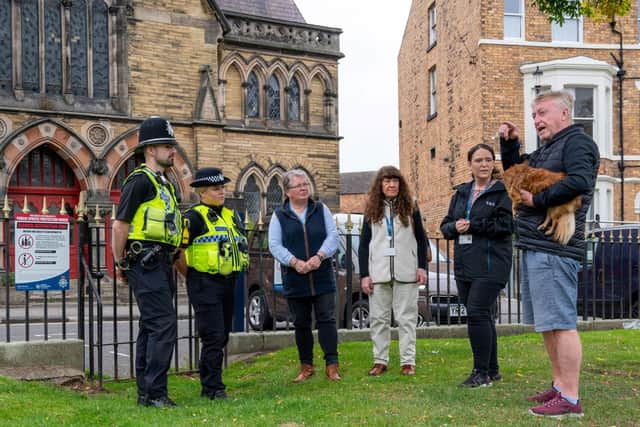 PCs Simon Hunter and Sophie Milner of North Yorkshire Police accompany North Yorkshire Council’s executive member for corporate services, Cllr Heather Phillips, and member for the Castle Division, Cllr Janet Jefferson, resident Tony Gibson and North Yorkshire Council’s senior community safety officer, Rhian Buglass, in the Falsgrave area of Scarborough ahead of the launch of a new Public Spaces Protection Order (PSPO).