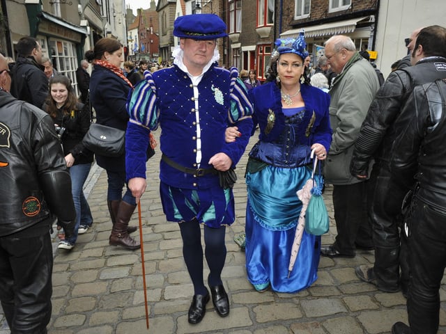 Martin and Fiona Chapman in their specially made blue outfits.Photo by Andrew Higgins.