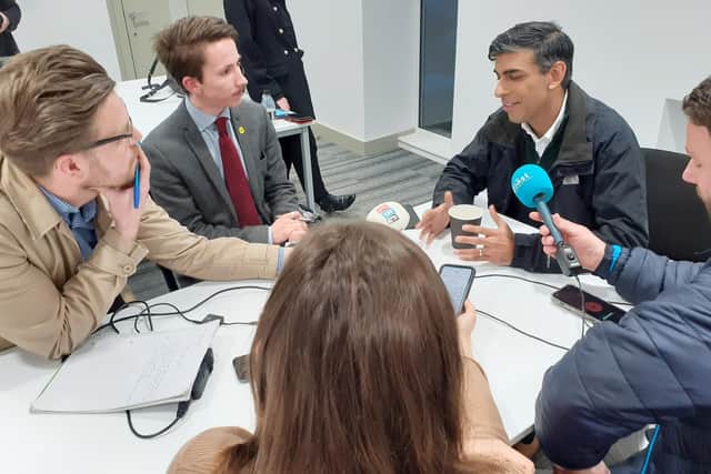 Rishi Sunak answers reporters\' questions on visit to Scarborough. 
LDRS