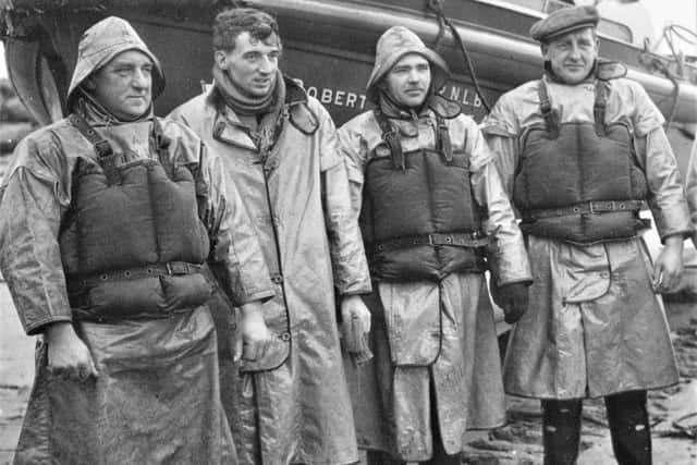 Members of the Runswick Bay RNLI lifeboat crew in 1952, from left: Isaac Ward Harrison, Howard Theaker (grandson of William Brown Harrison), Frank 'Tange' Verrill and William Ward Harrison. Credited to the collection of Colin Harrison.