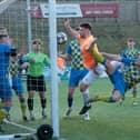 Edgehill net one of their eight goals in the League Trophy final win against Seamer Sports. Photos by John Westgarth (Wandering Photography)