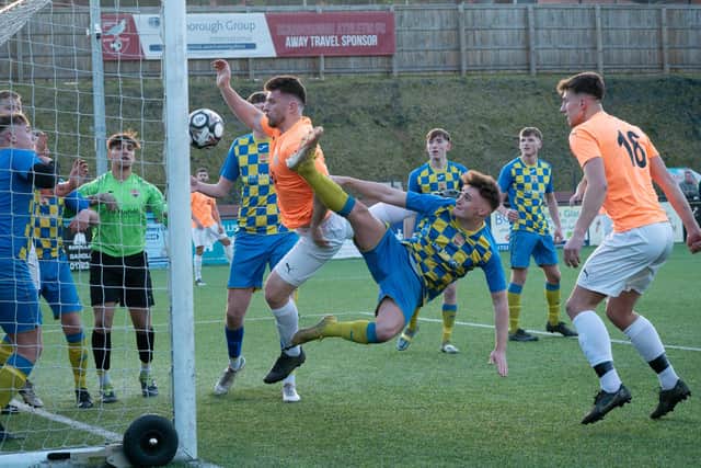 Edgehill net one of their eight goals in the League Trophy final win against Seamer Sports. Photos by John Westgarth (Wandering Photography)