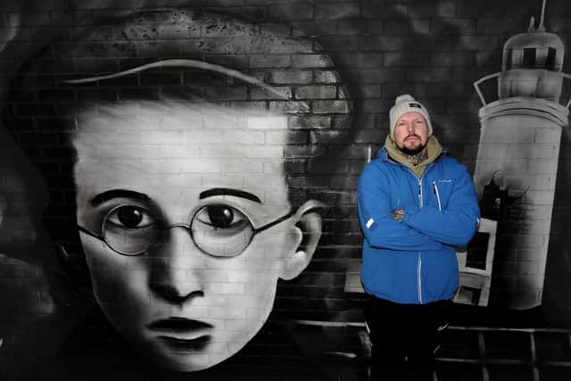 Artist Rew Nurse at the unveiling of the Bombardment memorial at Mount View Avenue Scout Hut in 2022. Image: Richard Ponter.