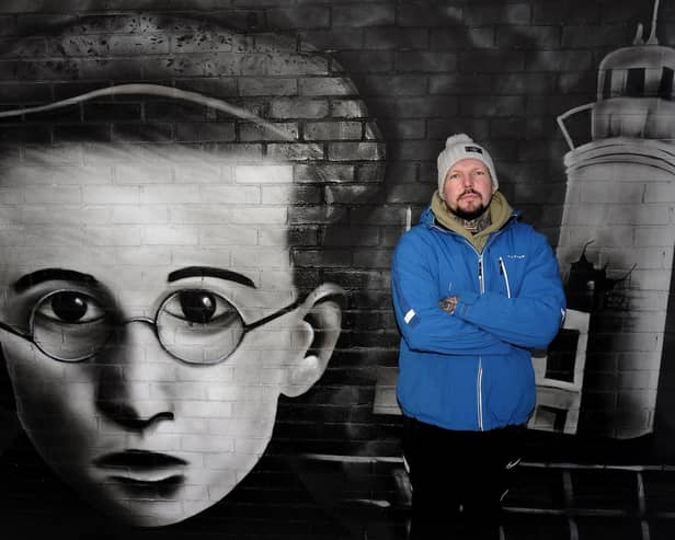 Artist Rew Nurse at the unveiling of the Bombardment memorial at Mount View Avenue Scout Hut in 2022. Image: Richard Ponter.