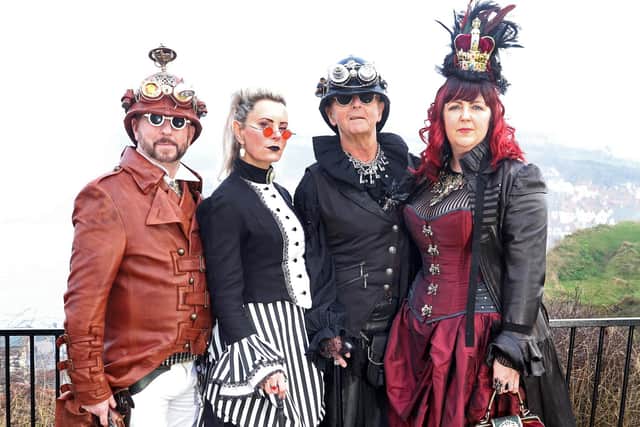 Visitors to Whitby Steampunk Weekend enjoying their day in town.