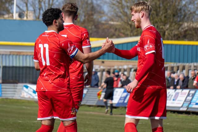 Ben Whelan celebrates putting Brid Town ahead early on at home to Newton Aycliffe. Photo by Lucy Sharpe
