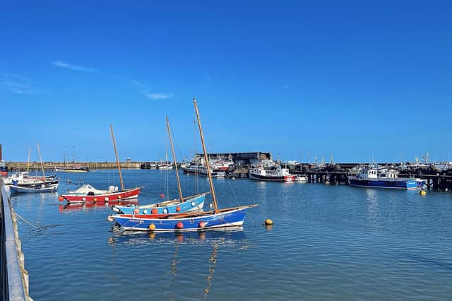 Aled Jones frames sailing cobles in the harbour.
