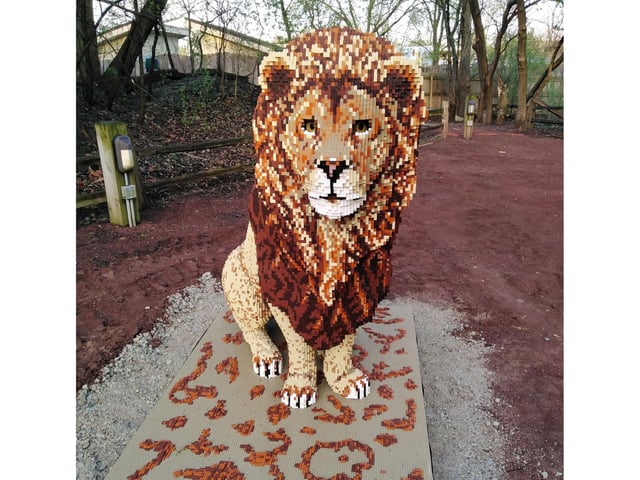 This proud lion stands very tall on its abstract base.