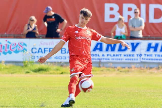 Kasper Williams in action for Brid Town in the 2-0 home win against North Ferriby. Photo by TCF Photography