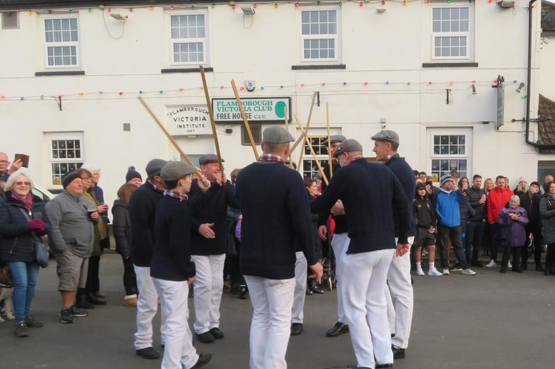 The Flamborough Longsword team toured the village,  performing with wooden swords outside each of the local pubs including the Rose & Crown and ending at the Royal Dog & Duck.