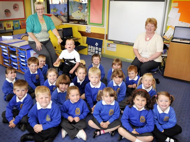 Hunmanby new starters with TA Mrs Raistrick(left) and class teacher Mrs Atkin(right)