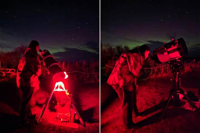 Reporter Claudia Bowes peers through the high-tech telescopes Photo: Astro Dog