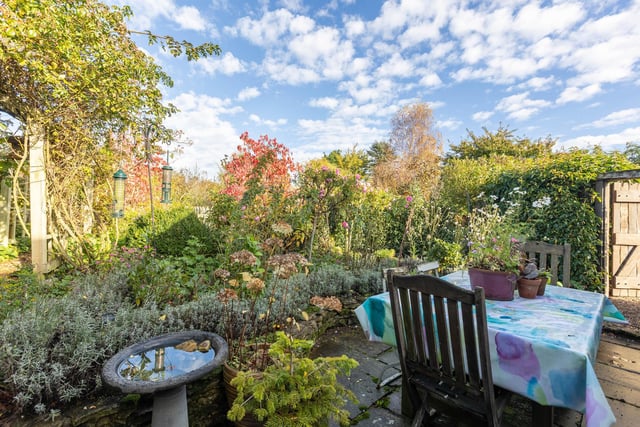 The cottage garden with seating area.