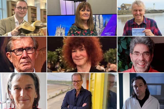 Top row from left: Historian Dr Harry Spillane, BBC Radio presenter Elly Fiorentini, author and historian Stewart MacDonald; middle row from left: former BBC Television Broadcaster and author Peter Taylor CBE, Egypyologist Professor Joann Fletcher and Communication trainer and author Duncan Lewis; bottom row from left: Emerita Professor Charlotte Roberts of Durham University, BBC Arts Correspondent David Sillito and Archaeological chemist Dr Stephen Buckley.