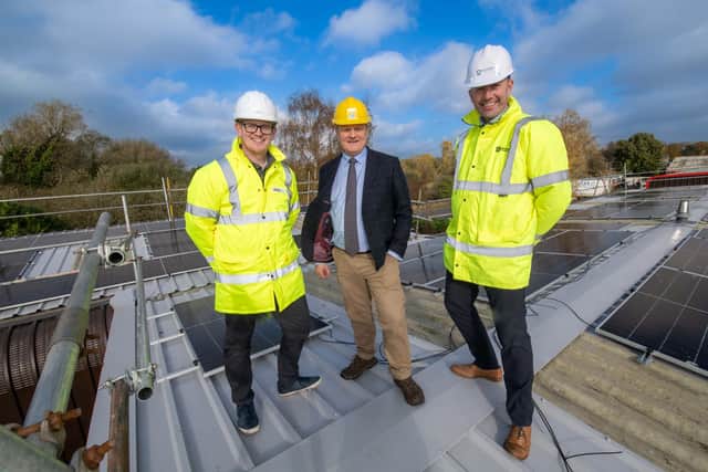 North Yorkshire Council’s executive member for managing the environment Cllr Greg White, centre, with Align Property Partners electrical engineer Alistair McLelland the council’s senior project delivery manager Christopher Davies at Westgate Carr Road industrial estate in Pickering.