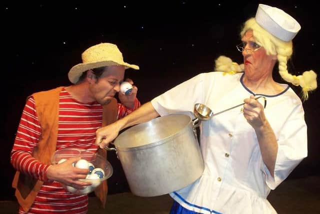Martin McLachlan (right) on stage with Ivan Hall in Robinson Crusoe and the Pirates.