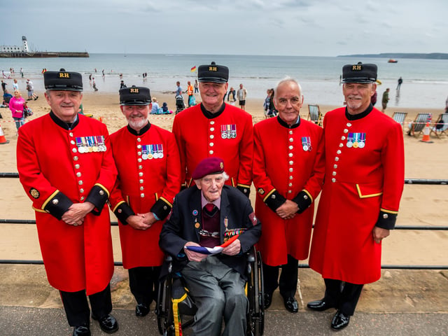 Chelsea Pensioners (IP's) Albert Weastell, Billy Knowles, Alan Gill, Brian Connor and Pat Callaghan, with Raymond Whitwell, aged 105, of Malton, a World War II veteran who took part in the Battle of Arnhem.