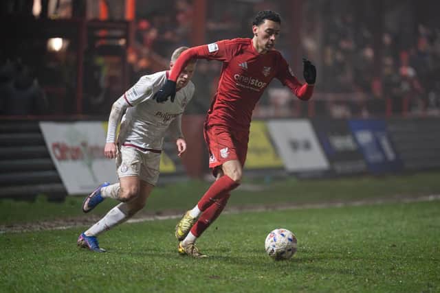 Rio Allan on the attack against South Shields. Photo by Wandering Photography