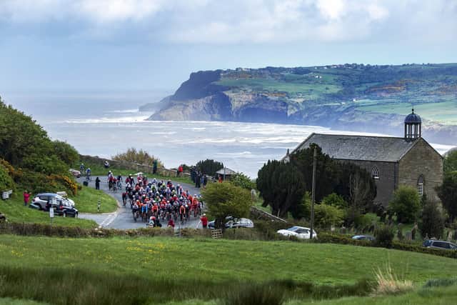 Tour de Yorkshire peloton at Robin Hoods Bay - the Tour of Britain passes through the seaside village today.