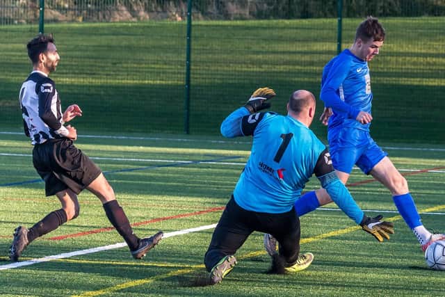 Rhys Kipling - in action for Whitby Fishermens Society against Great Ayton last year - scored twice for Fishburn on Saturday. Picture: Brian Murfield