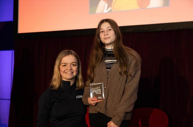 Jocelyn Dixon receives national Everyone Active Highly Commended Community Athlete of the Year award from Maisie Summers-Newton at The English Sports Institute in Sheffield.