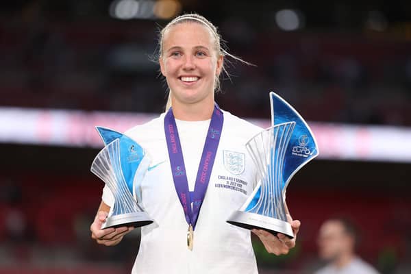 Beth Mead of England is awarded with the Top Goalscorer and Player of the Tournament awards at Euro 22. (Photo by Naomi Baker/Getty Images)