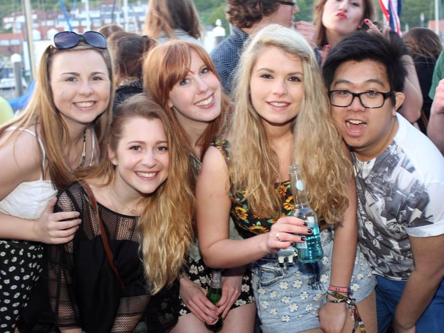 Charlotte, Emily, Hannah, Demi and Michael having fun at Catch The Wave's boat party.