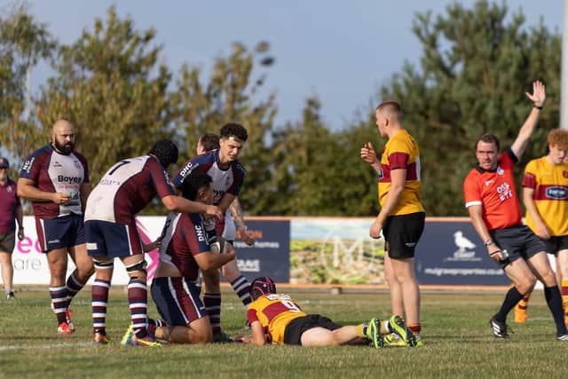 Jubilee Soloa scoring a try on his Scarborough RUFC debut in the home win against Douglas. Photo by Disport photography