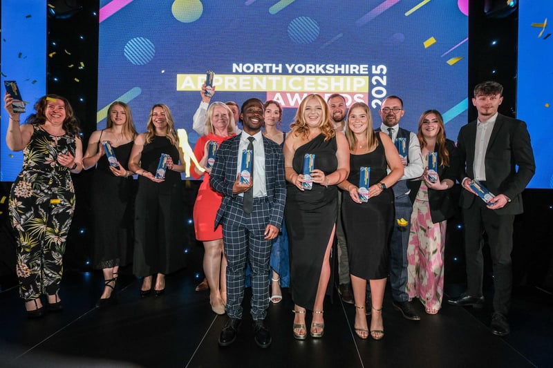 All winners on stage at the North Yorkshire Apprenticeship Awards 2025, held at the Cedar Court Hotel, Harrogate
