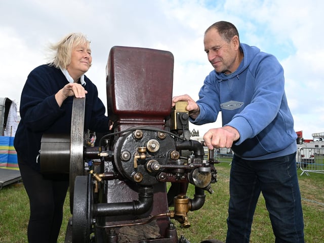 Bev and Pete Metcalfe with their engine.