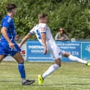 Striker Jake Charles opens the scoring for Whitby Town in the 3-0 win at Billingham. Photo by Brian Murfield