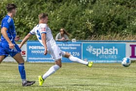 Striker Jake Charles opens the scoring for Whitby Town in the 3-0 win at Billingham. Photo by Brian Murfield
