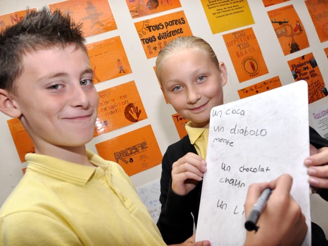 Learning about French at the modern languages event at Graham School are (from left) Alex Farley and Sasha Woods, both Year 5s from Friarage School..
102901