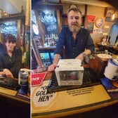 From left: Bryan Carter has a celebratory pint with Decca and Cheryl at the Badger Hounds, Hinderwell; landlord Decca with a collection box prior to support Bryan's sleep out fundraisers.