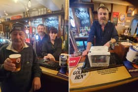 From left: Bryan Carter has a celebratory pint with Decca and Cheryl at the Badger Hounds, Hinderwell; landlord Decca with a collection box prior to support Bryan's sleep out fundraisers.
