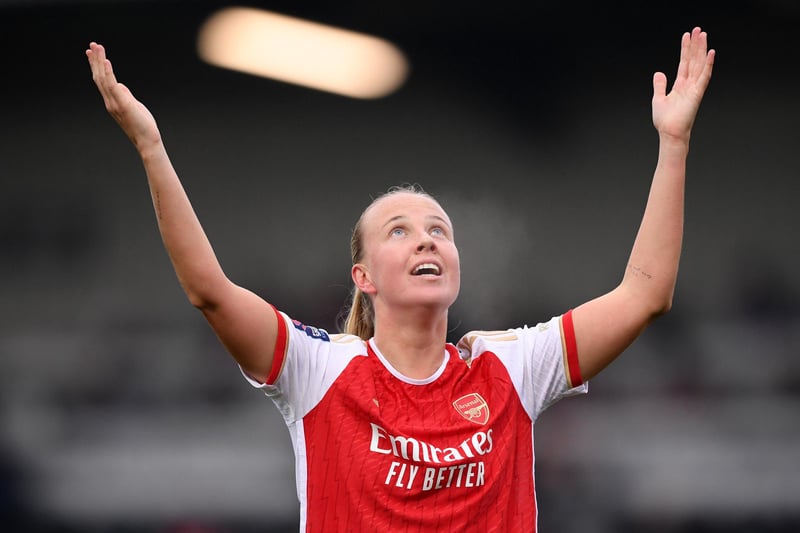 Beth Mead celebrates after scoring the team's second goal against West Ham United at Meadow Park. 
Photo by Alex Burstow/Arsenal FC via Getty Images.