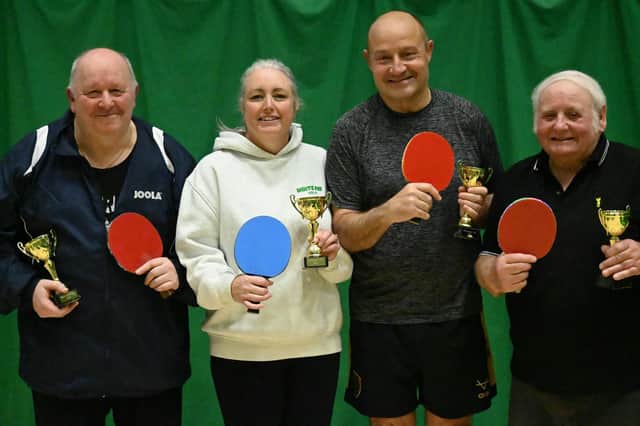 From left, Steve Golden, Amanda Coatsworth, Tony Miller and Julian James, finalists in the 2026 Division 1 Doubles tournament. Photo by Tony Wigley