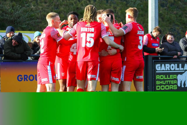 The Boro players celebrate one of their goals in the 4-1 home win against Leamington