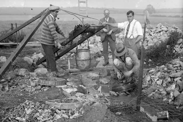 Archaeological excavations at Langton Villa, early 1930s. The dig was led by Dr JL Kirk (middle, wearing a suit) and Philip Corder (right, wearing braces).