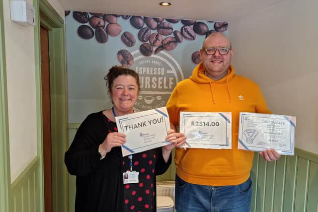 Andy Walker (owner of Espresso Yourself and Walkers of Bar Street) alongside Catherine Mason, Service Manager at Scarborough Whitby and Ryedale Mind