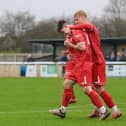 Sam Leverett is congratulated after one of his two goals in the 3-2 loss at Ashington on Saturday afternoon. PHOTO BY TCF PHOTOGRAPHY
