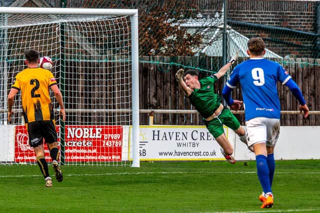 Donald Chimalilo (out of shot) scores past keeper Dan Langley to make it 1-1 at home to Morpeth Town. Photo by Brian Murfield