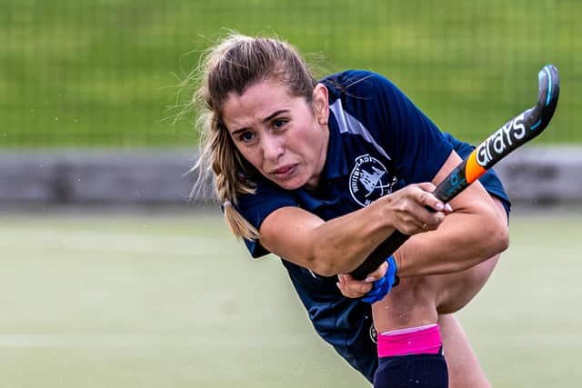 Dani Russell hits out for the home side Whitby Hockey Club Ladies in their win against Marton Furness. Photo by Brian Murfield
