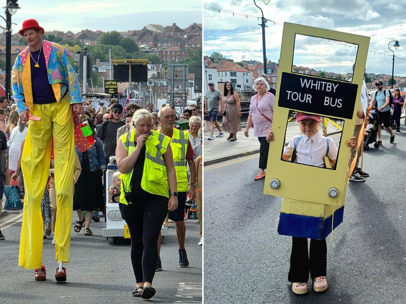 A stand-out stilt walker in the parade (left - photo Rhys Angus), a youngster as the Whitby tour bus (photo - Emma Atkins).