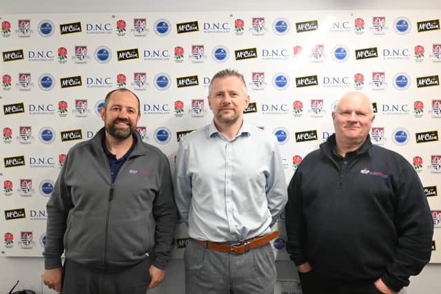 ECF director Mark Warburton (grey jumper), left, Graeme Jeffrey (operations manager of Scarborough RUFC) and ECF director Karl Ward.