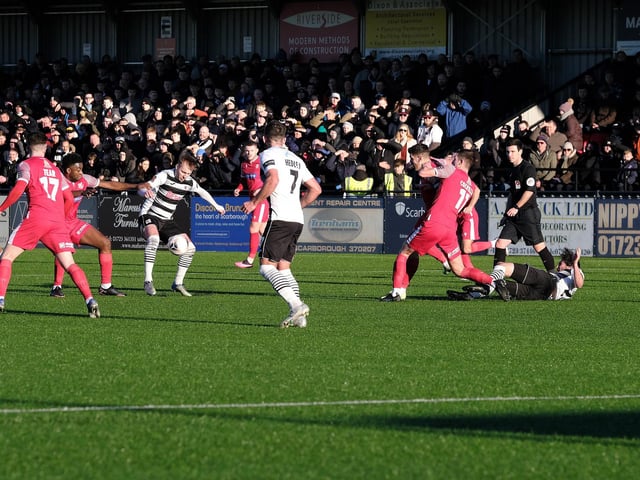 Visitors Darlington in possession during their 5-2 success against Boro.